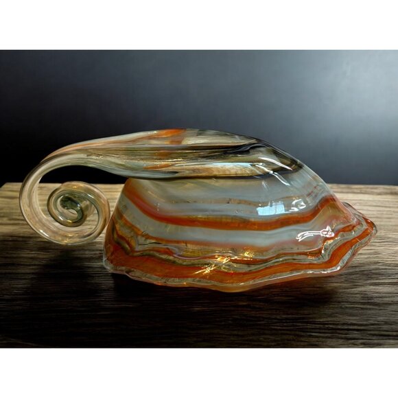 Vtg Slag Art Glass Cornucopia Vase Spiral Curled Handle Unsigned Orange MCM - Picture 14 of 15